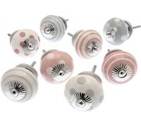 Cupboard Knobs Ceramic Set Of 8 Whisper Grey, Pale Pink And White Spots And Stripes By Mango Tree