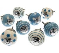 Cupboard Knobs Decorative Pale Blue And White With Dots, Spots And Stripes Ceramic Door And Drawer Handles Set Of 8 By Mango Tree