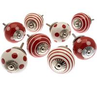 Cupboard Knobs Decorative Red And White With Dots, Spots And Stripes Ceramic Door And Drawer Handles Set Of 8 By Mango Tree