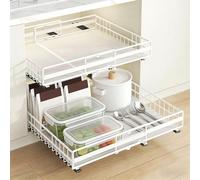 Cupboard Organiser 2 Pack Adjustable Width Pull Out Cabinet Drawers,White | Adjustable width kitchen storage(31-51cm), L+S cupboard organiser, 8cm high guard, no-drill install,Rust-Proof Carbon Steel