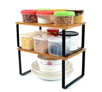 Cupboard Shelf Organiser, Stackable Set of 2 Bamboo Kitchen Counter Spice Rack, Expandable Storage Rack-Black