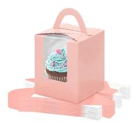 Cupcake Box,10 Pcs Individual Cupcake Boxes Single Cupcake Boxes,Cake Boxes with Window,Cupcake Carrier with Inserts,Individual White Bakery Boxes with Handle,for Weddings, Birthday Parties (Pink)