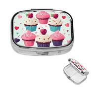 Cupcake Candy Hearts Sweet Pill Box 2 Compartment Square Portable Pill Case for Pocket or Purse Small Weekly Medicine Planner Travel Pillbox with Mirror Decorative Metal Vitamin Holder Gifts
