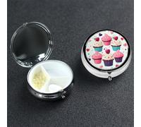 Cupcake Candy Hearts Sweet Pill Box 3 Compartment Round Portable Pill Case for Pocket or Purse Small Weekly Medicine Planner Travel Pillbox with Mirror Decorative Metal Vitamin Holder Gifts