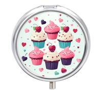Cupcake Candy Hearts Sweet Pill Box 3 Compartment Waterproof Pill Case with Mirror Round Container Metal Medicine Box Organizer Portable Vitamin Case for Pocket & Purse Travel