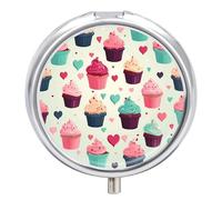 Cupcake Candy Hearts Sweet Pill Case with 3 Compartments - Portable Travel Pill Organizer for Purse, Easy-Open Button Design, Small Round Pillbox Vitamin Holder Organizer for Women Men