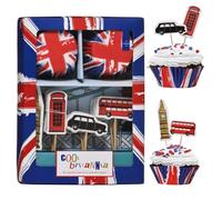 Cupcake Cases and Toppers Cool Britannia Set - 24 Greaseproof Paper Baking Cups & 24 Decorative Heart-Shaped Toppers - British Themed Cupcake Kit for Parties & Celebrations
