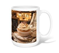 Cupcake Ceramic Coffee Mug, Rustic Vintage Bakery Menu Fall Brown Novelty Office Drinking Cup with Handle Ideal for Friends Family Lovers Eldership Senior Co-Worker 15 Oz