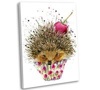 Cupcake Hedgehog Colourful Watercolour Style Canvas Art Print Framed Animal Picture (40x25cm / 16x10inch)