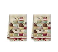Cupcake Kitchen Towels, Christmas Vintage Berries Ribbon Christmas Red Absorbent Hand Towels Coffee Bar Decor 16x24 Inch (Set of 2)