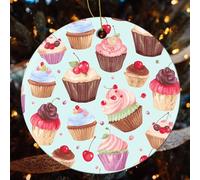 Cupcake Pattern Ceramic Christmas Ornaments - 2 Pcs Rustic Round Xma Tree Decor with Hanging String, Personalized Vintage Double-Sided Holiday Party Decorations for Xmas Gifts
