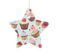 Cupcake Pattern Ceramic Christmas Star Ornaments - 2.7 Inch Rustic Star Xmas Tree Decor with Hanging String, Personalized Vintage Double-Sided Holiday Party Decorations for Xmas Gifts