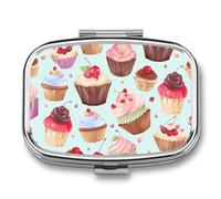 Cupcake Pattern Pill Box 2 Compartments Portable Travel Pill Case Mini Medicine Organizer for Pocket Purse Metal Waterproof Medicine Container Holder Vitamin Fish Oil