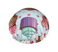 Cupcake Pattern Print Shower Cap For Women Reusable Double-Layer Fabric Shower Caps Girls Hair Caps