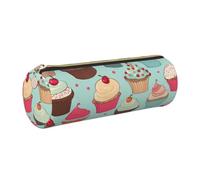 Cupcake Pattern Printed Leather Pencil Case Cute Stationery Organizer Round Makeup Bag Pen Pouch, Gold Zipper