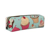 Cupcake Pattern Printed Leather Pencil Case Cute Stationery Organizer Simple Makeup Bag Pen Pouch, Gold Zipper