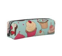 Cupcake Pattern Printed Leather Pencil Case Cute Stationery Organizer Simple Makeup Bag Pen Pouch, Silver Zipper