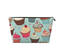 Cupcake Pattern Printed Toiletry Bag for Women Girl Portable Travel Cosmetic Bag Leather Makeup Pouch Organizer with Gold Zipper