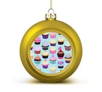 Cupcake Patterns Christmas Ball Ornaments - Golden Shatterproof Plastic Vintage Rustic Xmas Tree Decorations Pendant for Family Holiday Wedding Party Xmas Hanging Decoration