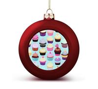 Cupcake Patterns Christmas Ball Ornaments - Red Shatterproof Plastic Vintage Rustic Xmas Tree Decorations Pendant for Family Holiday Wedding Party Xmas Hanging Decoration