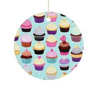 Cupcake Patterns Double-Sided Ceramic Christmas Ornaments - Round Hanging Mini Xmas Tree Decorations, Ideas for Farmers, Rustic Home Decor for Indoor Outdoor Tree Decor