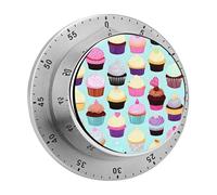 Cupcake Patterns Kitchen Timer 60 Minute Visual Wind Up Timers Indoor Mechanical Timers with Magnetic Base Stainless Steel Timer for Home Cooking Time Management Tool