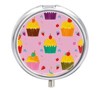 Cupcake Patterns Metal Pill Organizer, 3 Compartment Waterproof Pill Case with Mirror for Purse Pocket Bag, Daily Medicine Vitamin Holder, Portable Travel Med Container(Round)