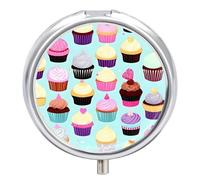 Cupcake Patterns Pill Box - 3 Compartment Travel Pill Organizer with Small Mirror, Portable Pillcase for Pocket & Purse, Cute Round Medicine Case, Weekly Medicine Container