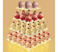 Cupcake Stand 4 Tier Acrylic Cupcake Tower with Yellow LED String Lights | Clear Dessert Stands for 50 Cupcakes for Wedding,Baby Shower, Birthday
