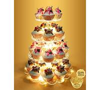 Cupcake Stand 4 Tier Round Acrylic Cupcake Display Stand with LED String Lights Cupcake Holder Stand Dessert Pastry Tower for Wedding Birthday Party