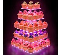 Cupcake Stand - 5 Tier Premium Cupcake Holder - Acrylic Cupcake Tower Display - Cady Bar Party Décor -Acrylic Display for Pastry + LED Light String - Ideal for Weddings, Birthday (Pink)
