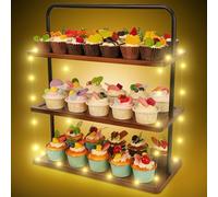 Cupcake Stand, Mehani 3 Tier Wooden Cup Cake Display Stand with LED lights, Platter with Metal Handle, Dessert Stand for Christmas, Wedding, Birthday, Afternoon Tea, Party Serving Tray-3M Yellow Light