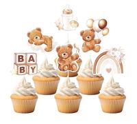 Cupcake Toppers, Topp the Cake Game, Baby Decoration Set with Bear Design for Baby Shower, Gender Reveal, Christening, Muffin Decoration & Cake Decoration, Pack of 36