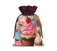 Cupcakes And Ice Cream Christmas Gift Bags with Tags & Ribbon Ties, Xmas Drawstring Candy Treat Bag Buffalo Plaid Christmas Gifts Sacks Reusable Gift Wrapping Bags for Holiday Party Favors Small
