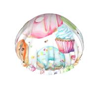 Cupcakes Donuts Muffins Sugar Print Shower Caps,Double Layers water-resistanted Hair Cap with Elastic and Reusable