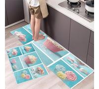 Cupcakes Kitchen Rugs Non Skid Washable Mats Set of 2 PCS, Cute Desserts Absorbent Runner Rugs for Kitchen, Front of Sink,Sink Laundry, 40x60cm+40x120cm Blue
