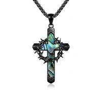 CUPENDA Cross Necklace 925 Sterling Silver Black Cross Crucifix Crown of Thorns Abalone Shell Pendant Necklace Catholic Christian Jewellery for Men Women