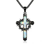 CUPENDA Cross Necklace 925 Sterling Silver Black Cross Crucifix Crown of Thorns White Opal Pendant Necklace Catholic Christian Jewellery for Men Women
