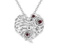 CUPENDA Gothic Rib Cage Necklace 925 Sterling Silver Black Rib Cage Rose Heart Pendant Necklace Goth Skull Skeleton Jewellery Gifts for Women