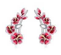 CUPENDA Hibiscus Ear Climbers Earrings Sterling Silver Hibiscus Red Flower Crawler Earrings Hawaii Boho Jewellery for Women