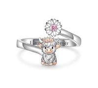CUPENDA Highland Cow Ring 925 Sterling Silver Highland Cow Daisy Open Adjustable Ring Animal Jewellery Gifts for Women