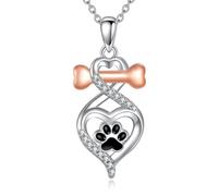 CUPENDA Paw Print Necklace 925 Sterling Silver Bone Love Heart Dog Paw Print Pendant Necklace Animal Jewellery for Women Dog Owner