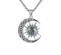 CUPENDA Sun and Moon Necklace 925 Sterling Silver Moss Agate Sun Moon Celtic Planet Pendant Necklace Jewellery Gifts for Women