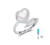 CUPENDA Urn Ring for Ashes 925 Sterling Silver Angel Wings Heart Opal Cremation Memorial Keepsake Adjustable Open Ring Urn Jewellery for Women