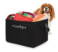 Cuperay Personalised Dog Toy Box Storage with Name, Foldable dog toy basket with Leather Handles, Felt Toy Bin for Organising Food Clothes and Pet Accessories,Customized Paw Heart Print()