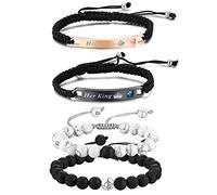 Cupimatch 2 Pairs Couple Matching Matte Agate White Howlite Beads Distance Bracelets Set Stainless Steel Adjustable Promise Relationship Bangle Jewelry