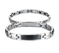 Cupimatch 2pcs Couple Bracelets Stainless Steel Couples Curb Chain Infinity Infinity Love Sign Bangle with Engraving for Lovers Women Men Couples, 20 centimeters, Stainless Steel Rhinestone, Without
