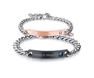 Cupimatch 2pcs CZ His and Hers Couple Bracelets Set, Adjustable Titanium Stainless Steel Always & Forever Forever & Always Love Matching Bracelet Link Jewelry Set,Black …