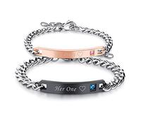 Cupimatch 2pcs CZ His and Hers Couple Bracelets Set, Adjustable Titanium Stainless Steel His Only Her One Love Heart Matching Bracelet Link Jewelry Set for Valentine's Day