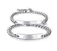 Cupimatch 2pcs His and Hers Couple Bracelets Set, Adjustable Titanium Stainless Steel His Beauty Her Beast Love Heart Matching Bracelet Link Jewelry Set,Silver …